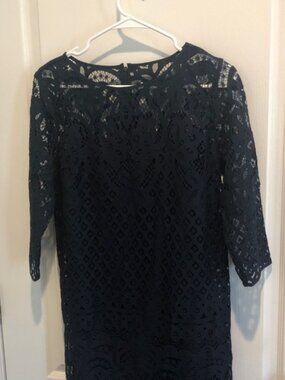 LOFT Dark Navy Lace Mini Dress with Three-Quarter Sleeves